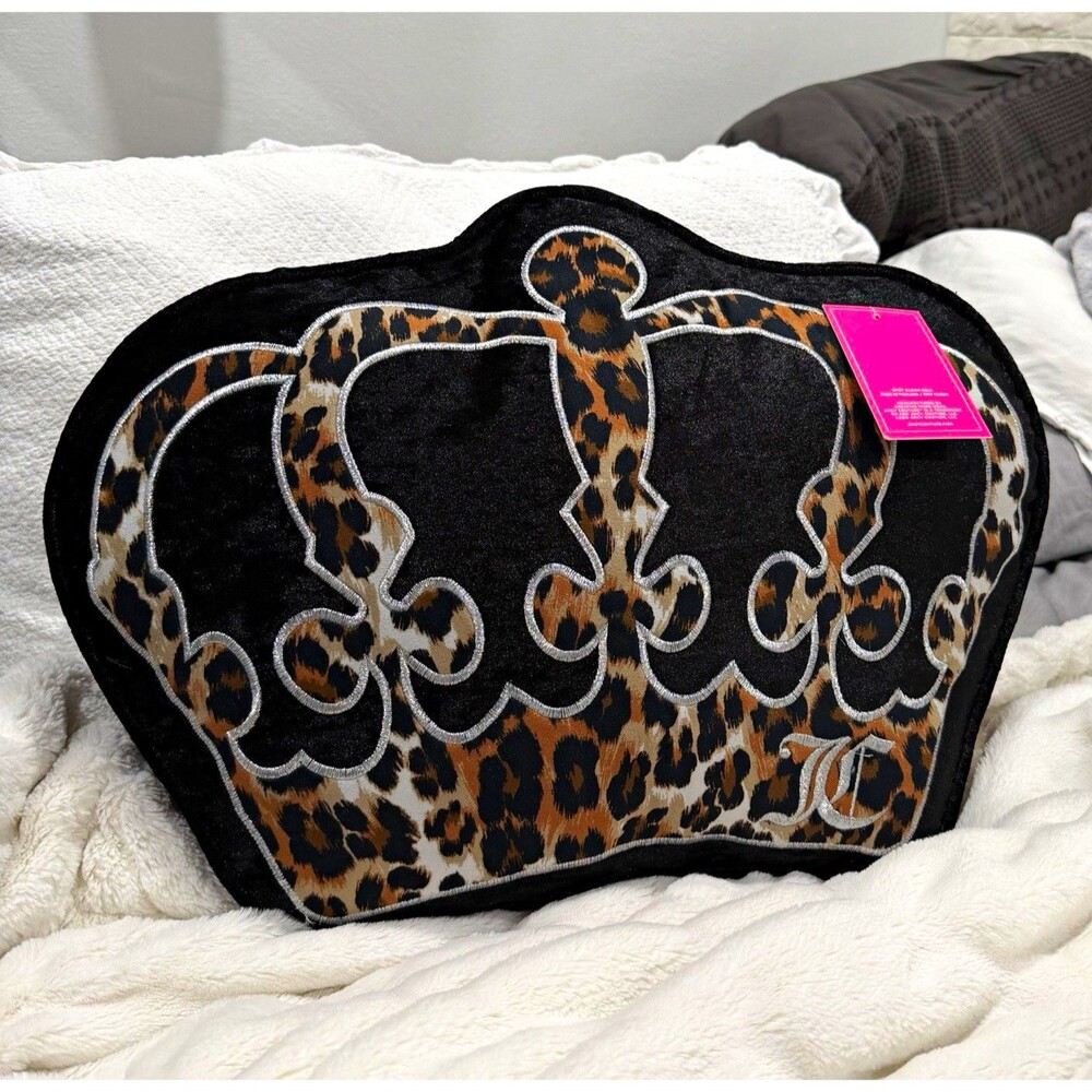 Juicy Couture Crown Decorative Pillow Black Leopard Animal Print Plush New